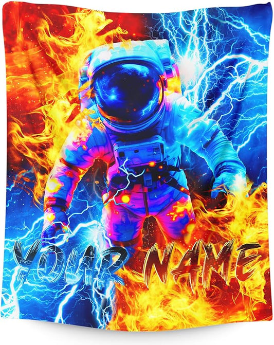 Boys Personalized Blanket Gift Astronaut Throw Blankets for Kids Teens, 50x60 Inches Lightweight Soft All Season Cool Custom Decor Throw for Sofa Chair Couch Bed Office