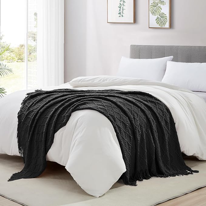 BOURINA Black Throw Blanket 50 x70 Inch Jacquard Throw Knitted Blanket | Jacquard Argyle Throw Textured Solid Soft Throws and Blankets for Sofa or Bed Knitted Decorative Blanket