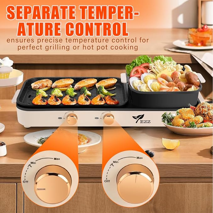 2026 Electric Hot Pot with Grill,2-10 People Indoor Hot Pot 2 in 1 Multi-function Smokeless Shabu-Shabu Hotpot Korean BBQ Grill for Simmer,Separate Dual Temperature Contral