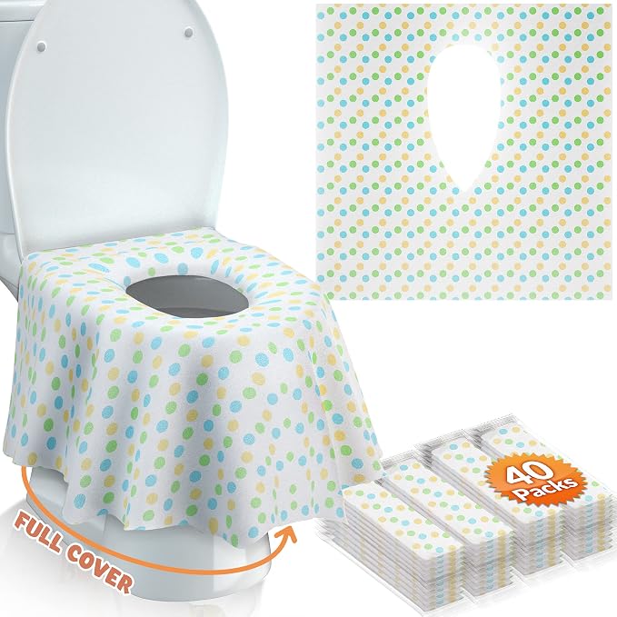 Gimars 40 Packs Disposable Travel Toilet Seat Covers Extra Large, Individually Wrapped Portable Non Slip Waterproof Toddler Potty Training Seat Covers for Kids and Adults,Green Point Design