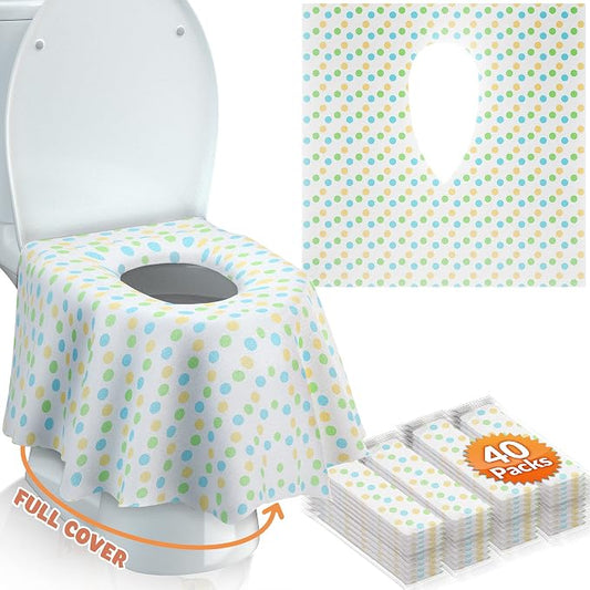 Gimars 40 Packs Disposable Travel Toilet Seat Covers Extra Large, Individually Wrapped Portable Non Slip Waterproof Toddler Potty Training Seat Covers for Kids and Adults,Green Point Design