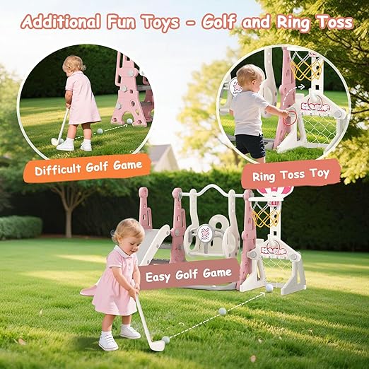 BIERUM Toddler Swing and Slide Set - 6 in 1 Baby Slide for Toddlers Age 1-2, with Basketball Hoop, Soccer and Golf Game, Indoor Outdoor Toddler Playset Pink