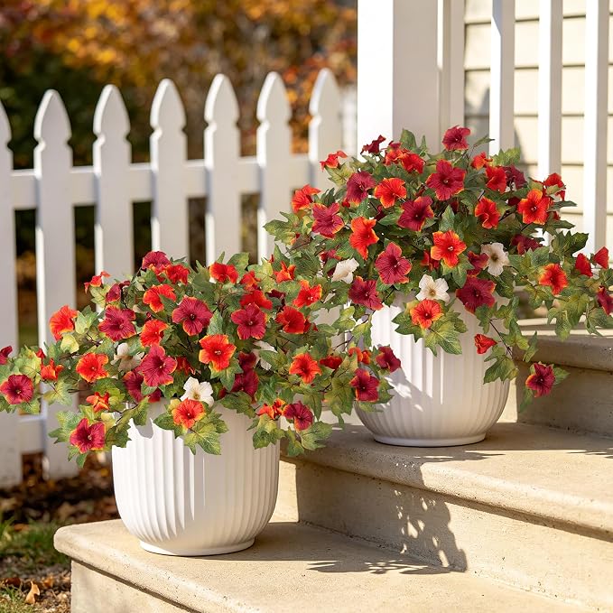 Ammyoo Artificial Fall Flowers Fake Petunias Plants for Outdoor Decoration | 4 Pcs UV Resistant Faux Silk Flowers No Fade Floral for Autumn Garden Balcony Yard Porch Realistic Indoor Decor No watering
