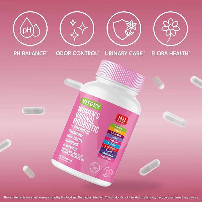 Viteey Vaginal Probiotic for Women - 14in1 FemDefend | Women’s Probiotic + Prebiotic with Cranberry & D Mannose – Vaginal Health & Urinary Tract Support Supplement – 60 Capsules