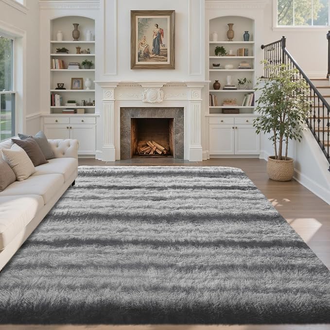 5x7 Ft Large Shag Rug for Living Room Bedroom,Tie-Dyed Ultra Soft Fluffy Furry Area Rug, Aesthetic Carpet for Indoor Floor Home Decor (Grey&White)