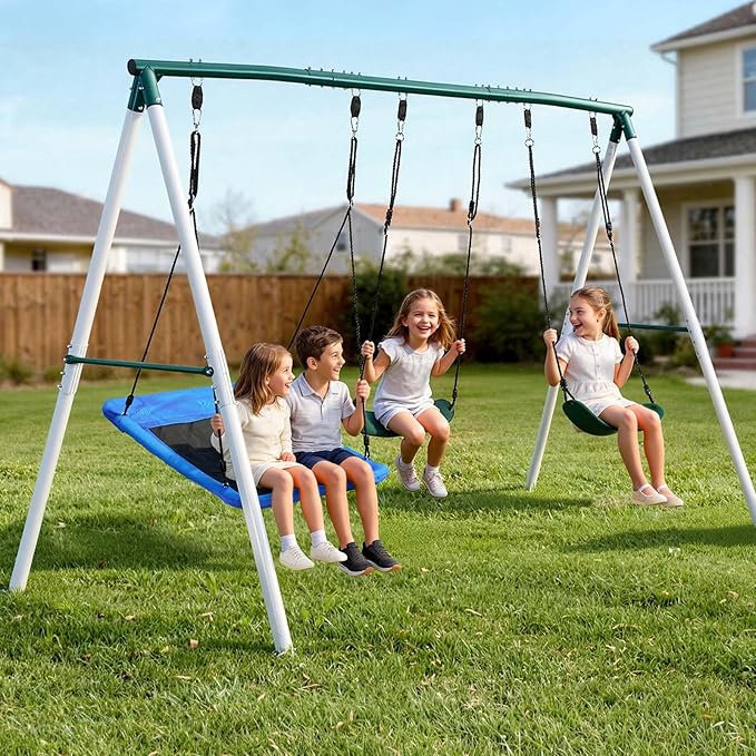 VEVOR Swing Set for Backyard, 45 x 30 in Swing Seat and Two Belt Seats, with Heavy Duty A-Frame Metal Stand, 700 lbs Load Capacity, Reinforced with Spiral Ground Anchors, Swingset Outdoor for Kids