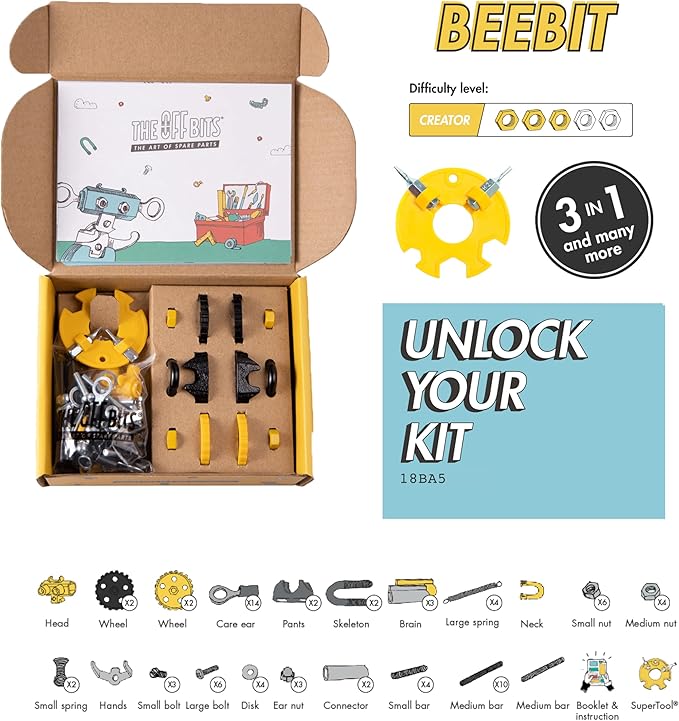 The Off Bits Erector Set: Animal Mini STEM Toys for Kids 6+, Toy Building Sets with Nuts & Bolts, STEM Building Toys Gifts for Boys and Girls (Yellow Bee)