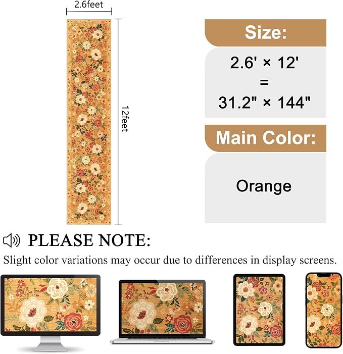 DUKINO 2.6x12 Kitchen Runner Rug, Floral Non Slip Long Washable Rug, Orange | Low Pile, Stain Resistant, Soft Indoor Rug Runner for Hallway, Entryway, Bedroom, Bathroom, Laundry, Pet Friendly, Home Decor