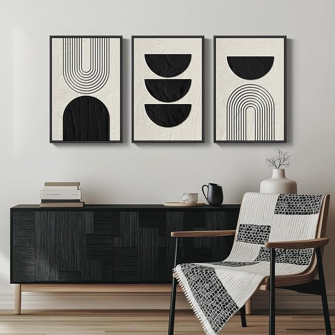 Framed Boho Black and White Abstract Wall Art, 3 Piece Modern Beige Canvas Prints Paintings Artwork for Walls, Black Geometric Pictures for Living Room Bedroom Hallway Office Wall Decor 16x24 In