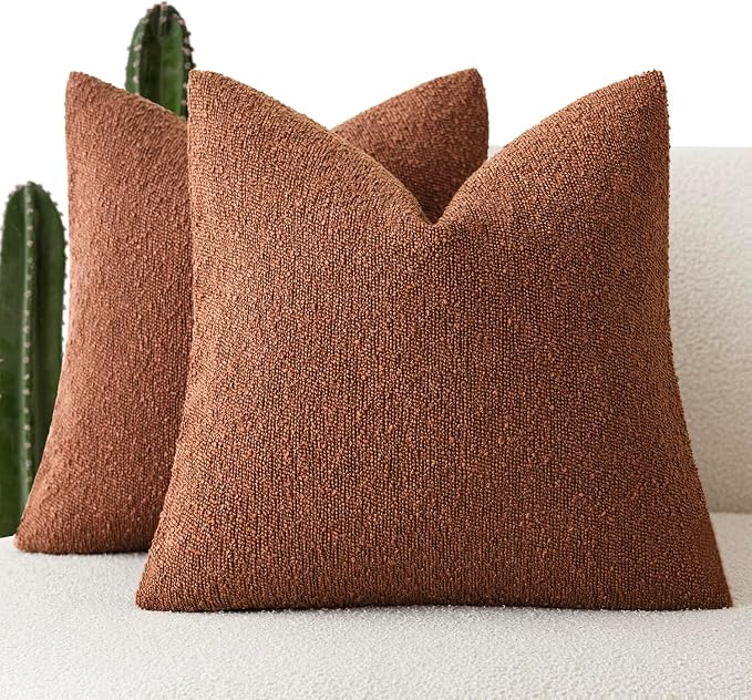 Foindtower Pack of 2 Textured Boucle Throw Pillow Covers Accent Solid Pillow Cases Cozy Soft Decorative Couch Cushion Case for Chair Sofa Bedroom Living Room Home Decor 20x20 Inch Red Taupe