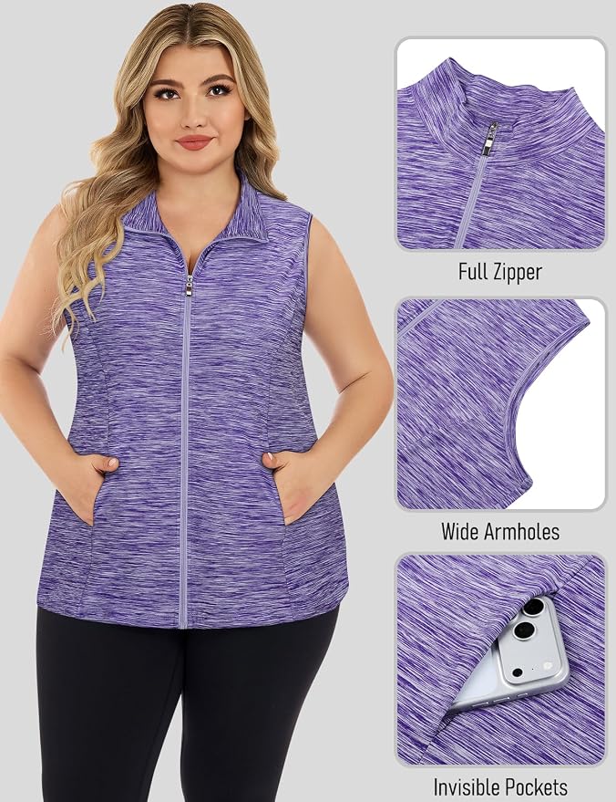 Misyula Style Plus Size Womens Golf Shirt Full-Zip with Pockets Tank Tops | Sleeveless, Quick Dry, Moisture-wicking, Lightweight Vests, Athletic, Tennis, Running, Workout, Casual, Travel, Work