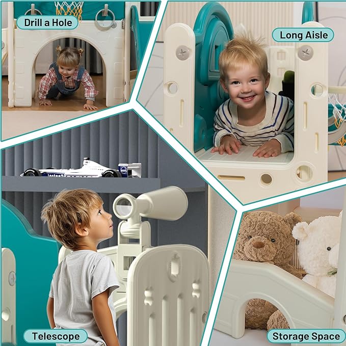 NYEEKOY 9-in-1 Toddler Slide, Bus-Themed Baby Slide and Climber Playset with Basketball Hoop, Ring-Toss, Car Playhouse, Kids Indoor and Outdoor Playground