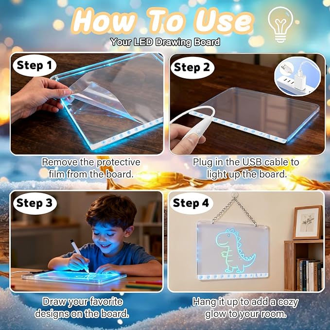 2026 LED Drawing Board for Kids Ages 6+, 2 Pack 13.7"x9.75" Plug-in Light Up Dry Erase Note Boards with Colors, 7 Color Modes Acrylic Glow Board with Stands, Markers, Spray Bottle, Hanging Chains