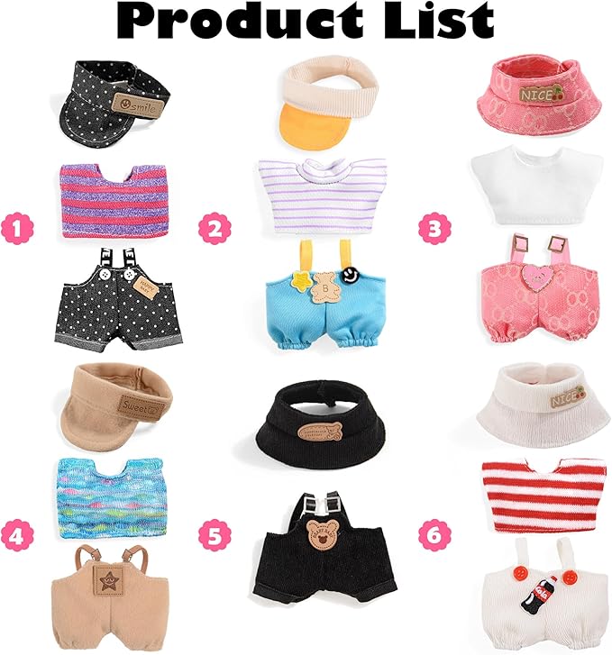 6 Set Doll Clothes for 17cm Plush Dolls- Fashion Overalls Outfit Bundle Trendy & Adorable (Clothes Only)