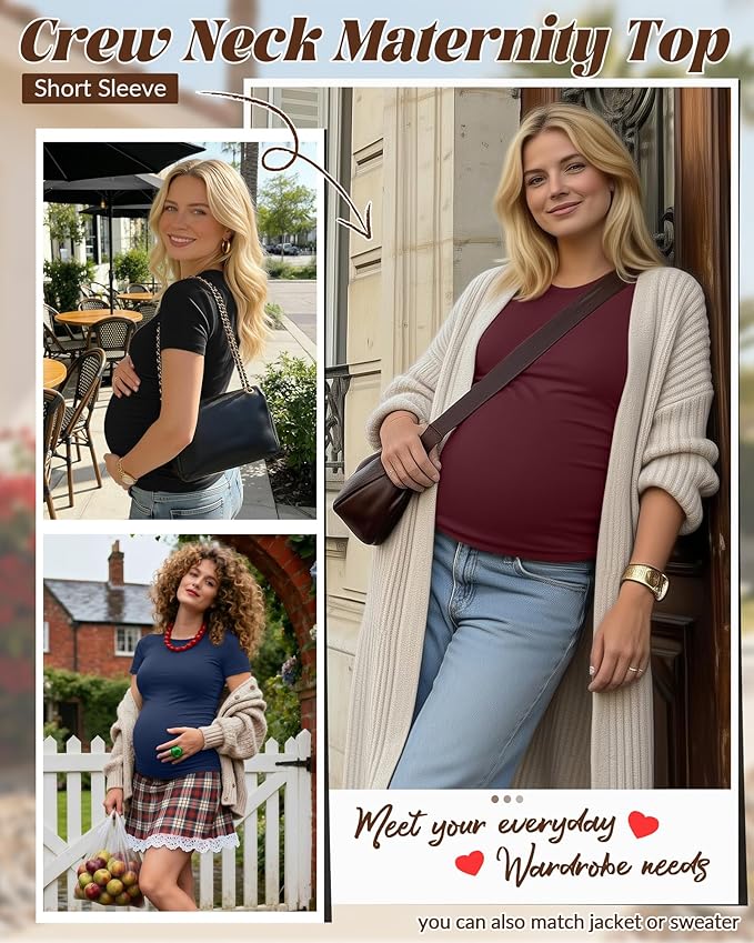 Huukeay 4 Pack Women's Maternity Shirts, Crew Neck Maternity Top Short Sleeve Casual Cotton Tee Side Ruched Pregnancy Clothes