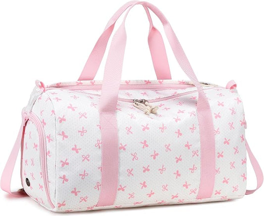 Gym Bag Duffle Bag with Wet Pocket Weekender Overnight Sports Duffels with Shoe Compartment for Girls Kids Women Travel Dance Cheer Bags (Pink Bow Pattern)