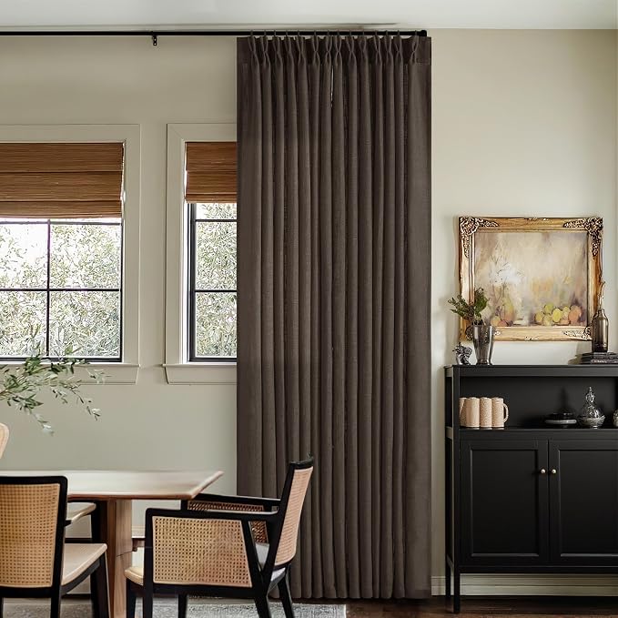 Dark Chocolate 120 Inch Pinch Pleated Semi Sheer Linen Curtains 2 Panels | for Living Room Bedroom, Memory Training Shaped, Light Filtering, Pinch Pleat Drapes with Hooks Rings, Window Curtains 40x120