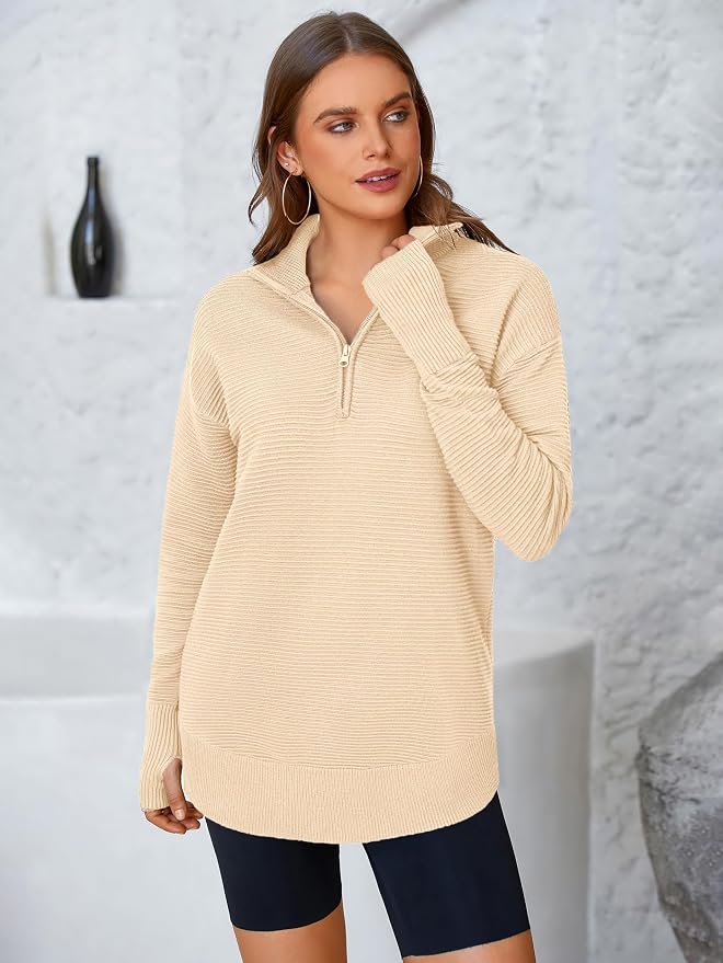 PRETTYGARDEN Womens Long Sleeve Quarter Zip Pullover Sweater Casual Loose V Neck Collared Ribbed Knit Jumper Tops Thumb Hole