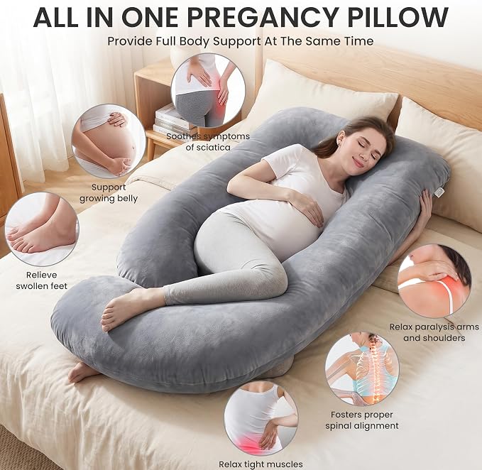 Jcickt Pregnancy Pillow for Sleeping,59 inch Maternity Pillow with Removable Washable Cover,U-Shaped Velvet Full Body Pregnant Pillow -Support for Backs,Legs, Belly, HIPS, Improve Sleep-Gray