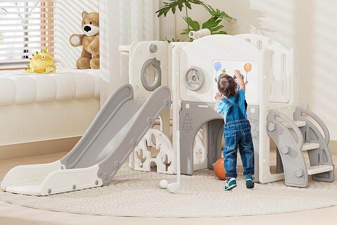 67i Indoor Toddler Slide with Drawing Board, Golf Set, Basketball Hoop - Kids Playground for 1-3 Year Olds, Non-Slip Steps & Storage Space (White Gray)