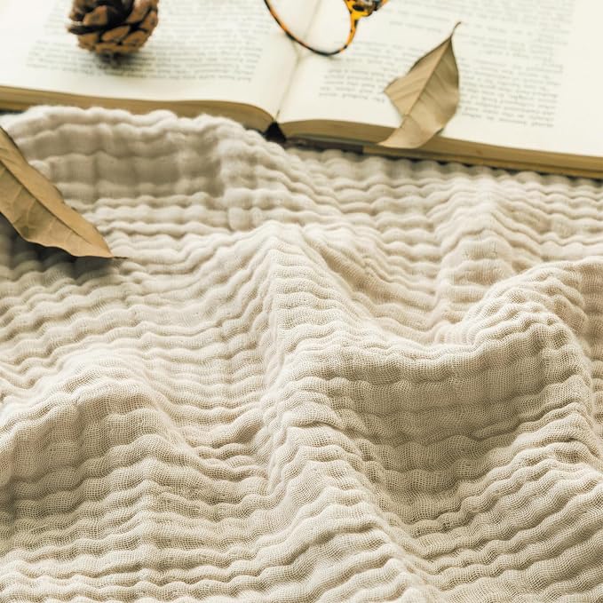 EMME Cotton Muslin Throw Blanket 4 Layer for Adults, Lightweight Breathable Gauze Blanket, Soft All Season Couch Blanket for Couch Bed Travel (Beige, 50"x60")