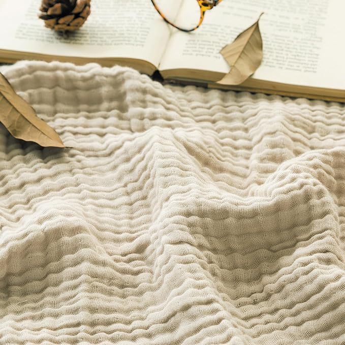 EMME Muslin Blankets for Adults Throw Blanket for Couch Breathable Gauze Soft Lightweight Airy Beige Twin XL 66" x 90"