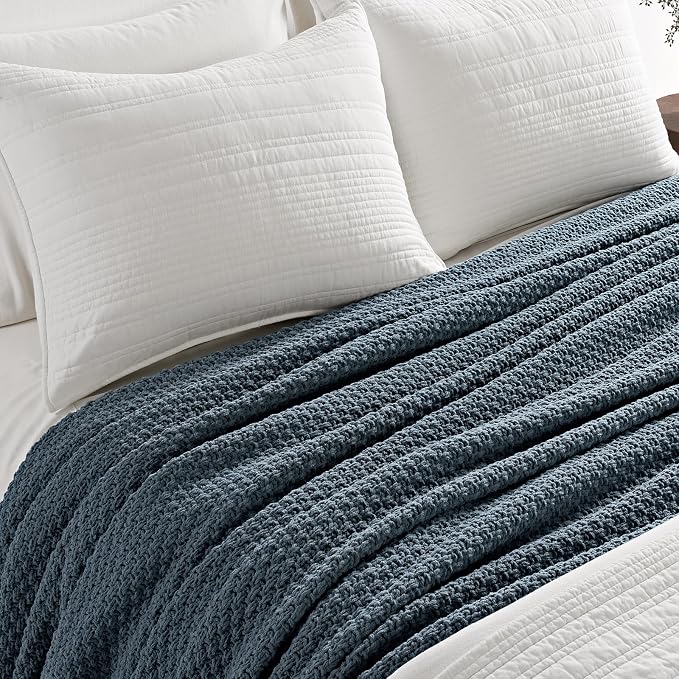 EVERGRACEHOME Chunky Chenille Knit Throw Blanket, 90 x 90, Stormy Blue | Sculpted Moss Stitch, Chic Modern Farmhouse, All-Season Warmth, OEKO-TEX® Certified, Oversized Queen for Couch, Bed, Sofa