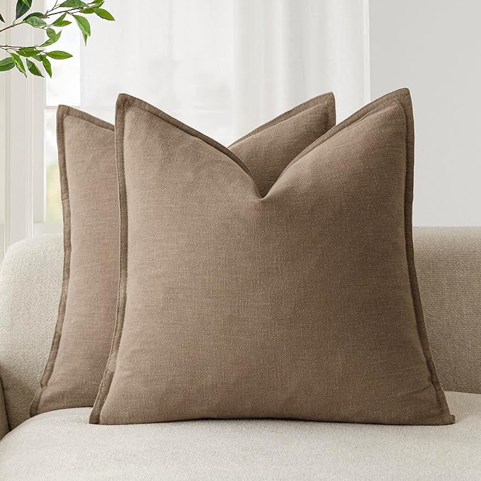 Foindtower Linen Solid Decorative Throw Pillow Covers 16 x 16 Light Brown | Pack of 2 Soft Accent Modern Cushion Case, Boho Farmhouse Neutral Pillowcase, Home Decor for Chair Sofa Bedroom Living Room