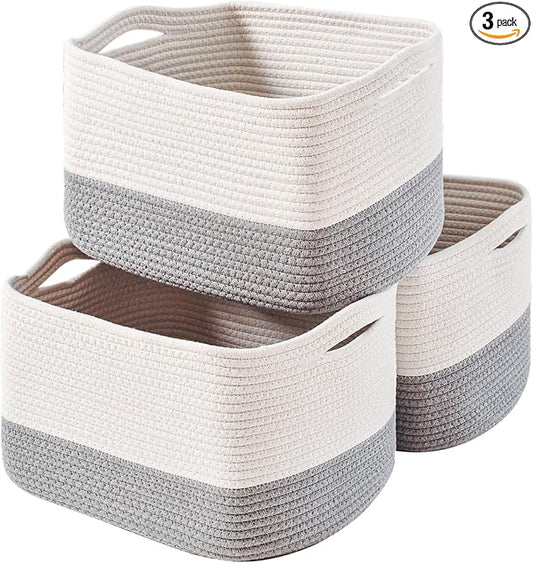 ICERZCZ Storage Baskets for Organizing Shelves, Woven Cotton Rope Bins for Baby Nursery Organization, Book Toy Towel Organizer, 15"x11"x9.5", 3 Packs, Off White & Grey