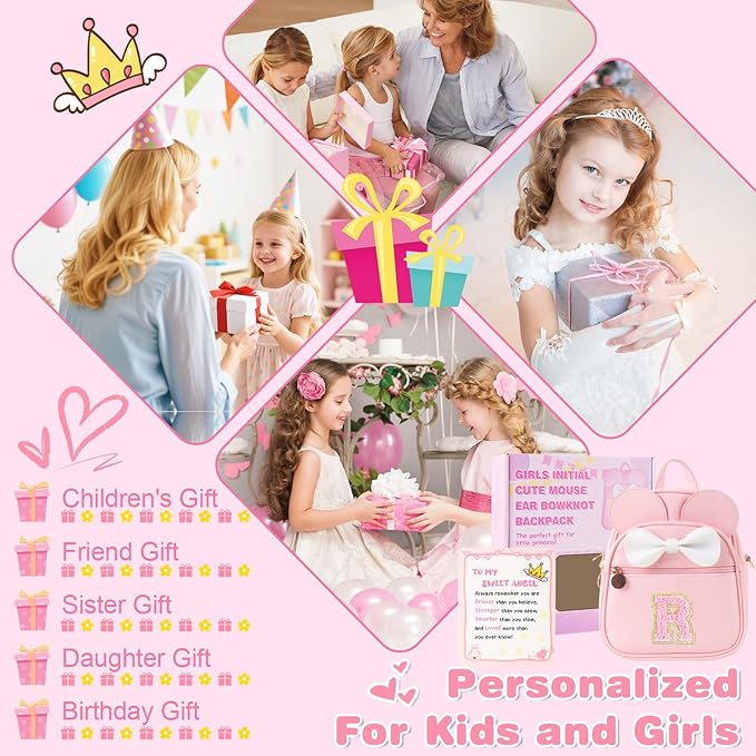 Personalized Toddler Backpack for Girls 3–10, Cute Mini Bowknot Mouse-Ear Toddler Bookbag Crossbody Purse, Small Daypack Wallet Set, Initial Birthday Gift, Trendy Little Kids/Teen Bag(Pink,R)