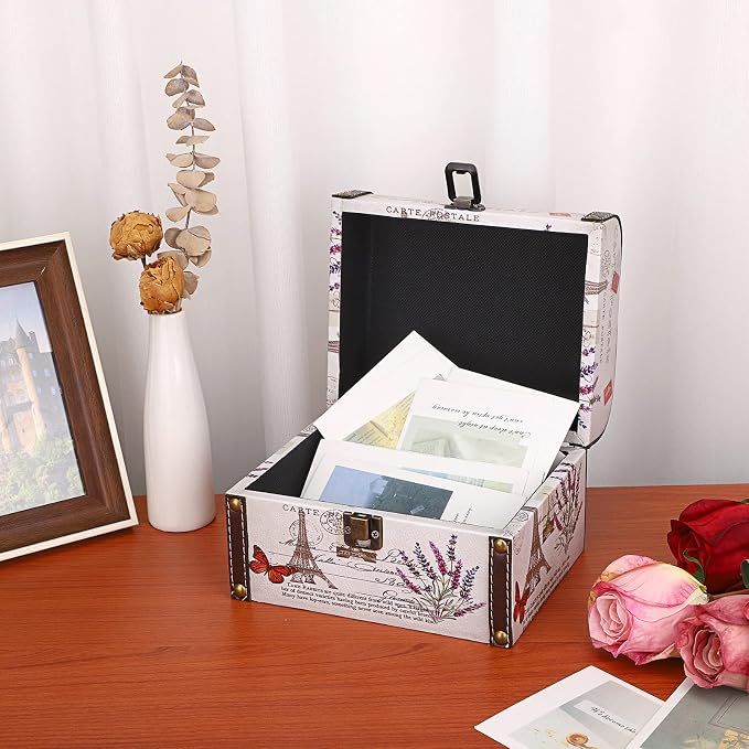 ELLDOO Decorative Treasure Chest Box, Wooden + PU Leather Storage Box for Jewelry Trinkets, Keepsakes box for Girls Women Gifts (Tower + Lavender Pattern)