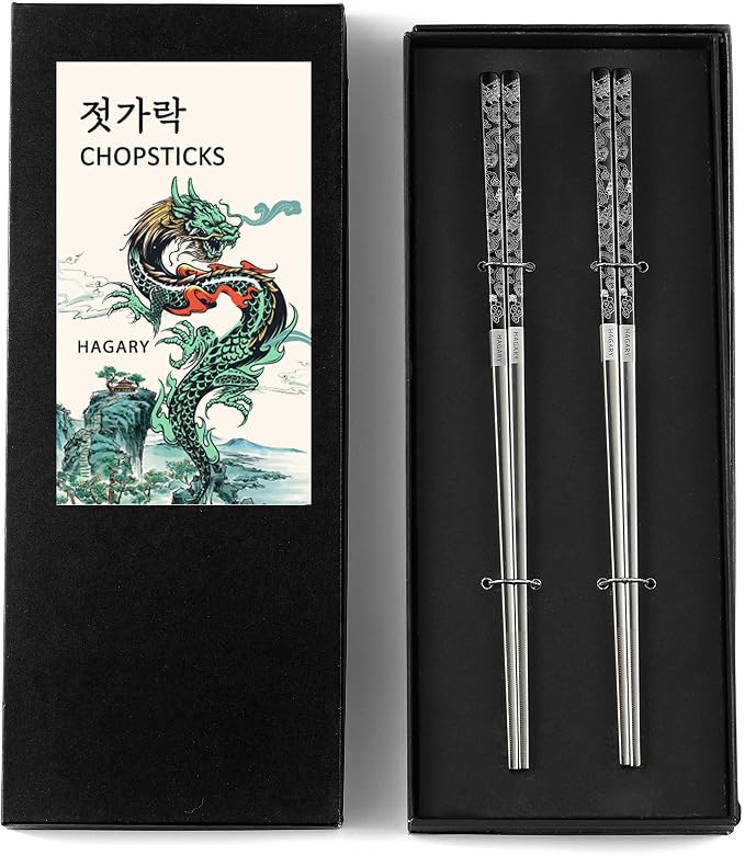 Hagary Dragon Chopsticks Metal Reusable Designed In Korea Japanese Style Stainless Steel 316 18/10 Non-Slip 2 Pairs Dishwasher Safe Laser Etched (Black)