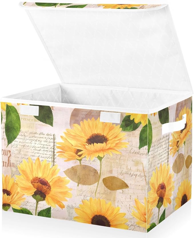 Yellow Sunflower Storage Bins with Lids and Carrying Handle,Foldable Storage Boxes Organizer Containers Baskets Cube with Cover for Home Bedroom Closet Office