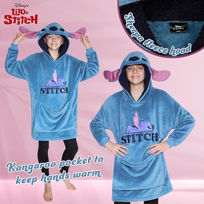 Disney Blanket Hoodie for Kids, 2-in-1 Folds into Travel Cushion, Stitch Baby Yoda Maleficent Eeyore, Gifts for Girls Boys