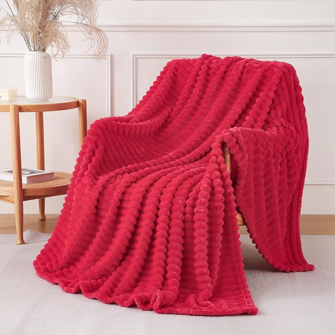 Cherry Red Throw Blanket for Couch Sofa 50x60 inches Striped Design | Fleece Blankets Room Home Decor Lightweight Plush Soft Cozy Gifts for Women Mom