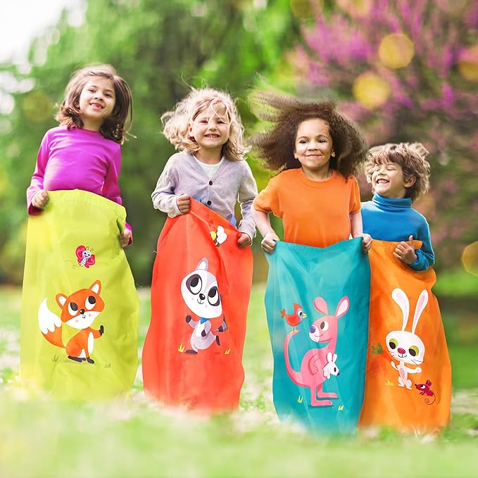 B. toys – 3 Outdoor Games for Kids – Racing Sacks & 3 – Legged Race Bands – Egg – and – Spoon Game – Birthday Party Games – 5 Years + – Outdoor Games Galore
