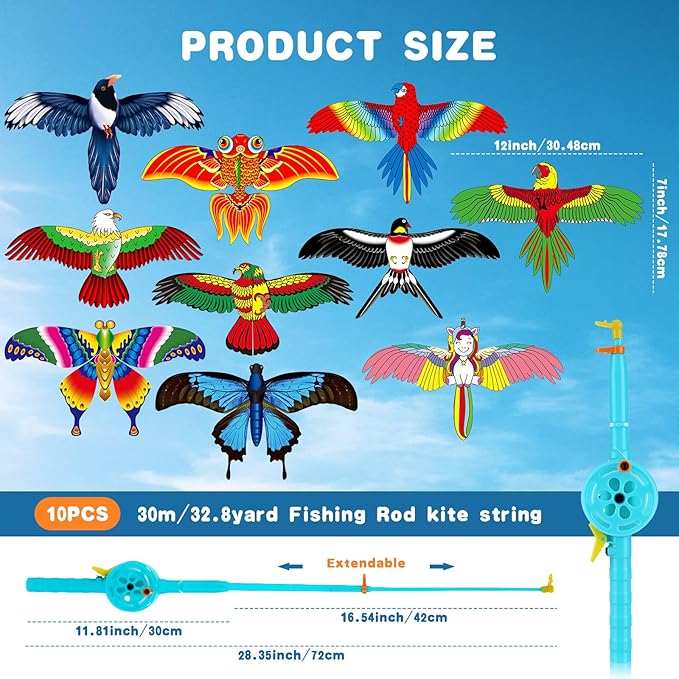 VioraWhite 10 Pcs Fishing Rod Kite for Kids, Vivid Butterfly Swallow Parrot, Easy to Fly, Swallows, Bald Eagles, Magpies Kites for Family Adults Spring Outdoor Beach