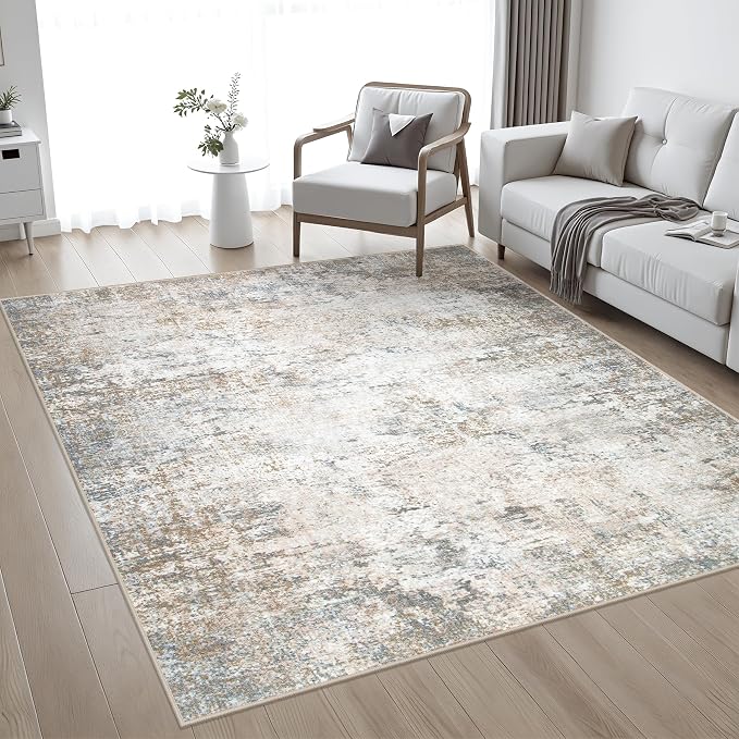 6x6 Area Rug Living Room Rug: Washable Modern Abstract Soft Thin Rug Indoor Floor No Slip Stain Resistant Carpet for Bedroom Dining Room Farmhouse Nursery Home Office - Brown Grey