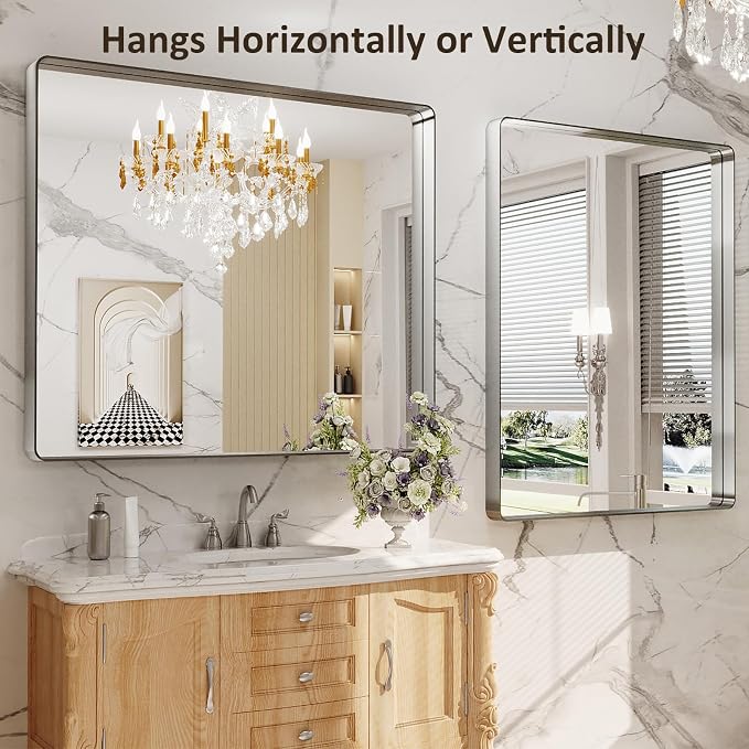 LOAAO 48x40 Inch Brushed Nickel Bathroom Mirror, Rounded Rectangle Silver Metal Frame Mirror, Brushed Nickel, Anti-Rust, Shatter Proof, Hangs Horizontally or Vertically | Rounded Rectangle, Silver Metal Frame, Anti-Rust, Tempered Glass, Hangs Horizonta...