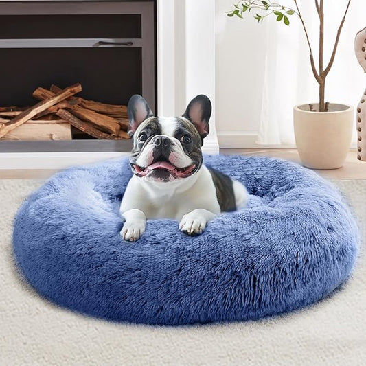 JOLLYVOGUE Medium Calming Dog Bed, Anti-Anxiety Donut Cuddler Cat Bed with Anti-Slip Bottom, Fluffy Faux Fur Machine Washable Pet Cushion for Medium Large Dog & Cat (31")