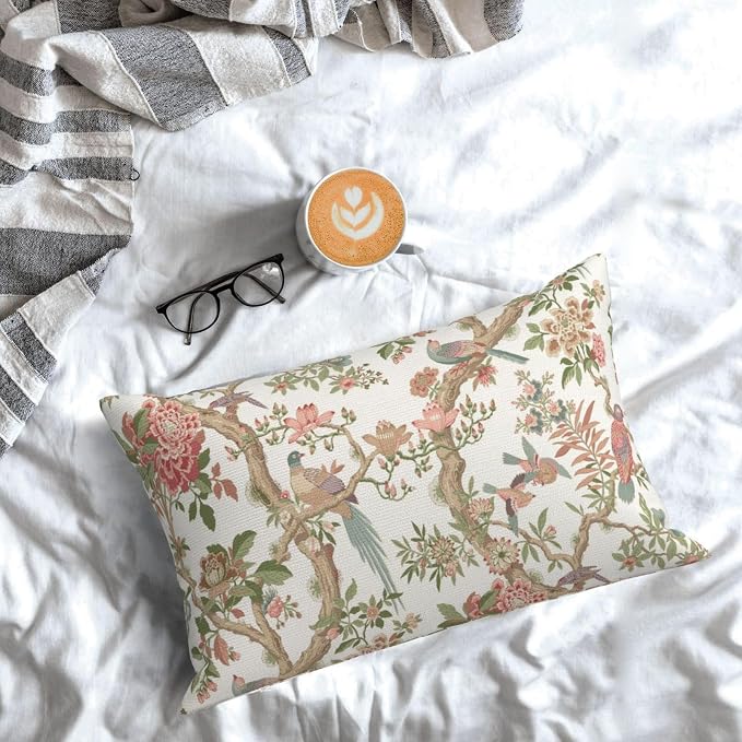 Chinoiserie Pillow Covers 12x20 Set of 2 Pink Green Bird Floral Throw Pillows Vintage Pink Flower Bird Decorative Pillow Cases Outdoor Chinoiserie Decor Farmhouse Cushion Case for Couch Sofa