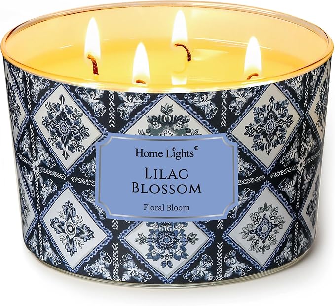 HomeLights 4-Wick Candles for Home Scented - 18oz Soy Wax Blend Candle Long-Lasting Fragrance, Bohemian Natural Textures Home Decor and Housewarming Gifts, Lilac Blossom