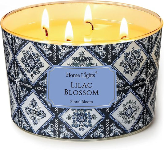 HomeLights 4-Wick Candles for Home Scented - 18oz Soy Wax Blend Candle Long-Lasting Fragrance, Bohemian Natural Textures Home Decor and Housewarming Gifts, Lilac Blossom