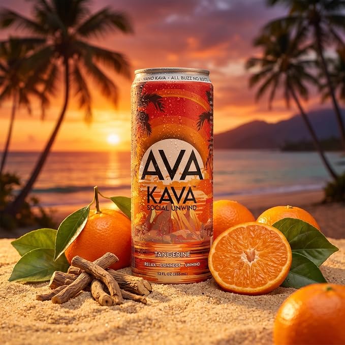 AVA Kava | Alcohol-Free Relaxation Drink | Tangerine | Fast Acting Nano Kava • Zero Sugar Alcohols • Vegan • Plant Based • No Preservatives • Natural Flavors • Non GMO • Gluten Free | 12oz Cans (6-Pack)