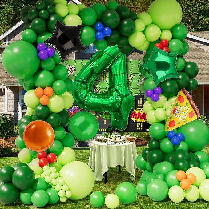 5Pcs Cartoon Turtle Theme Birthday Decorations 40 Inch Number 5 Foil Balloons Super Green Turtle Themed Hero Large Mylar 5th Number Balloon Video Game Pizza Balloons Party Favors Orange