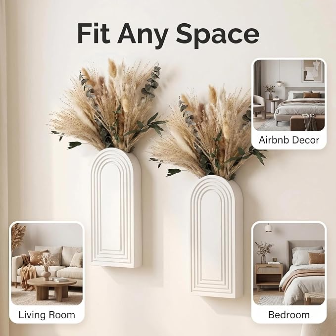 Set of 2 Wooden Wall Vases with Dried Pampas Grass & Eucalyptus, Boho Farmhouse Decor for Living Room, Entryway, Bathroom, Rustic Home Art(White)