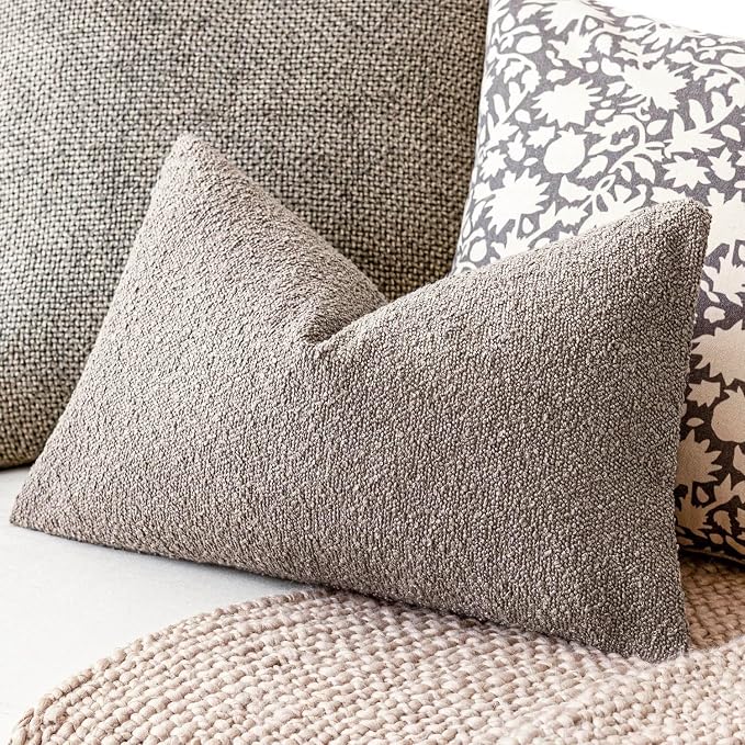 Foindtower Pack of 2 Textured Boucle Throw Pillow Covers Accent Solid Decorative Lumbar Pillow Cases Cozy Couch Cushion Case for Chair Sofa Bedroom Living Room Home Decor 12x20 Inch Light Taupe