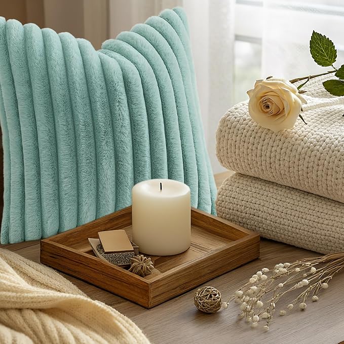 decorUhome Fall Faux Fur Throw Pillow Covers 26x26 Set of 2 Aqua | Decorative Soft Cozy Striped Plush Modern Farmhouse Boho Couch Pillow Cases Velvet Back for Sofa Bed Living Room Home Decor
