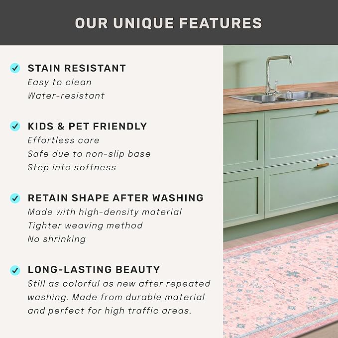 Hazo Haus Pink and Blue Washable 5x8 Living Room Rugs, Boho Aethestic Oushak Vintage Area Rug for Bedroom Girls Kids Playroom Nursery Room, Non-Slip Rubber Backing Stain Resistant