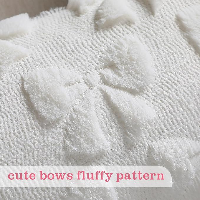 Mixweer Cream White Bow Pillow Covers Set of 2 Preppy Room Decor Coquette Cute Spring Summer Decorative Faux Fur Soft Bowknot Stuff Fluffy Plush Aesthetic Pillowcase for Bed Sofa Couch (12 x 20 Inch)
